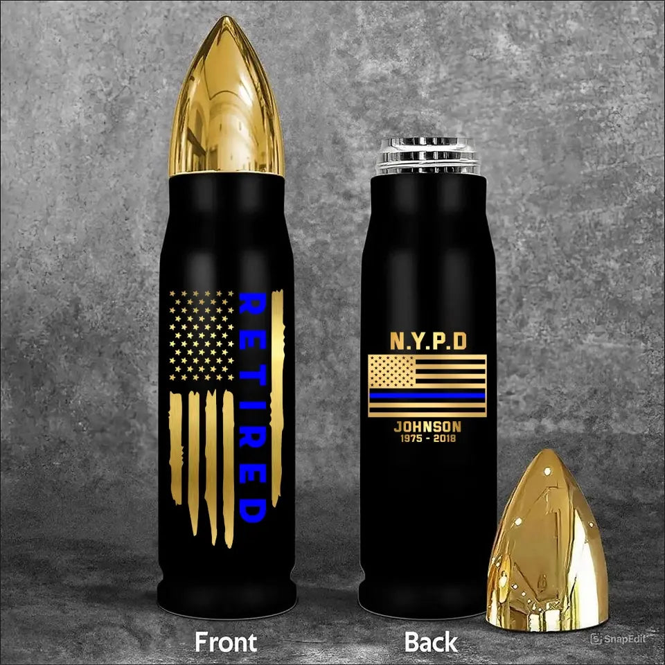 Personalized Retired US Police Blue Line Flag Custom Name & Department Bullet Tumbler VQ241422