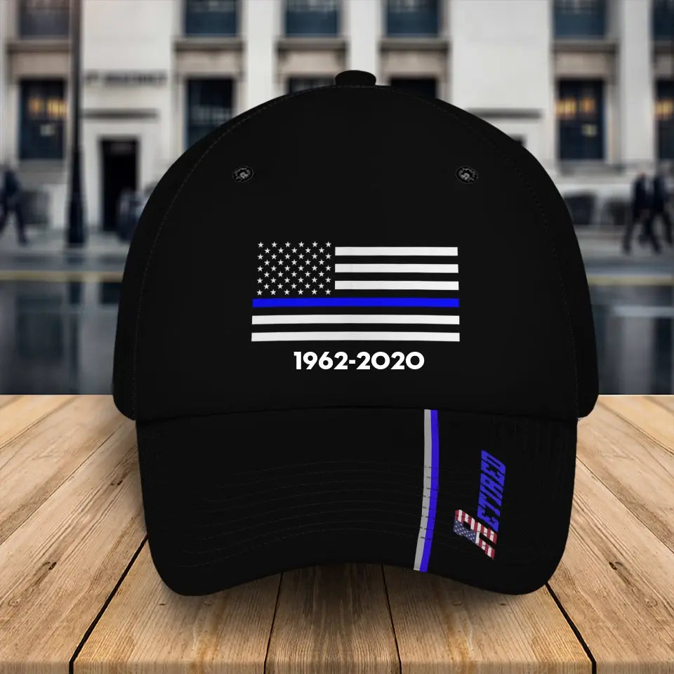 Personalized Retired US Police Flag Blue Line Custom Time Cap Printed QTKH241400