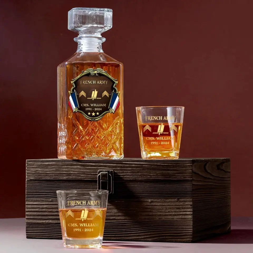 Personalized French Veteran Branch Logo Rank Gold Custom Name & Time Decanter Set with Glasses printed AHVA241425
