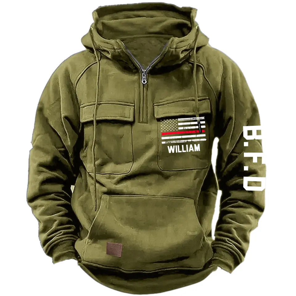 Personalized US Firefighter Flag Custom Name & Department American Retro Hooded Sweatshirt Printed LVA241442