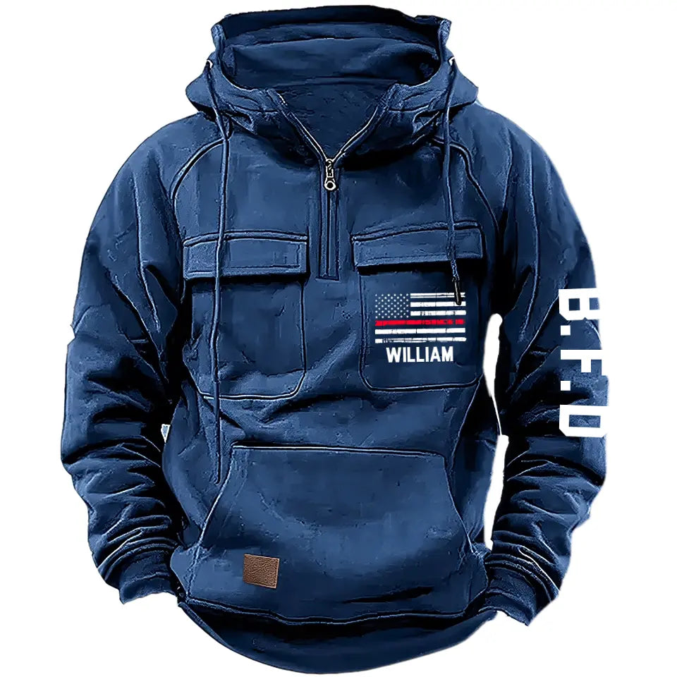 Personalized US Firefighter Flag Custom Name & Department American Retro Hooded Sweatshirt Printed LVA241442