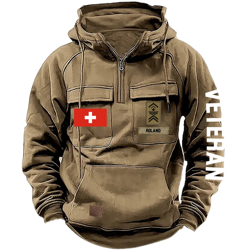 Personalized Swiss Veteran Rank Camo Custom Name American Retro Hooded Sweatshirt Printed LVA241443