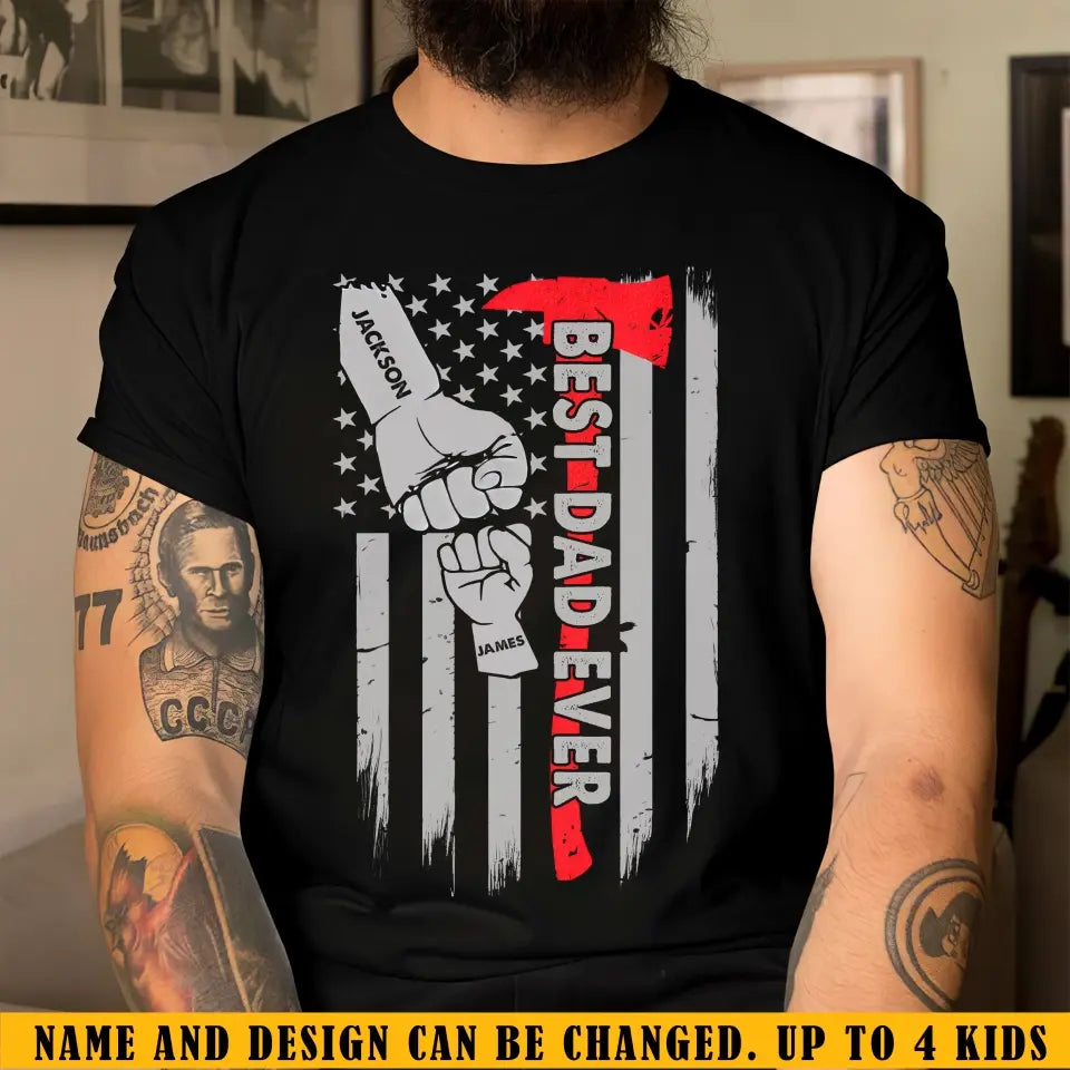 Personalized Best Dad Ever Hands & Kid Name US Flag T-shirt Printed QTKH241453
