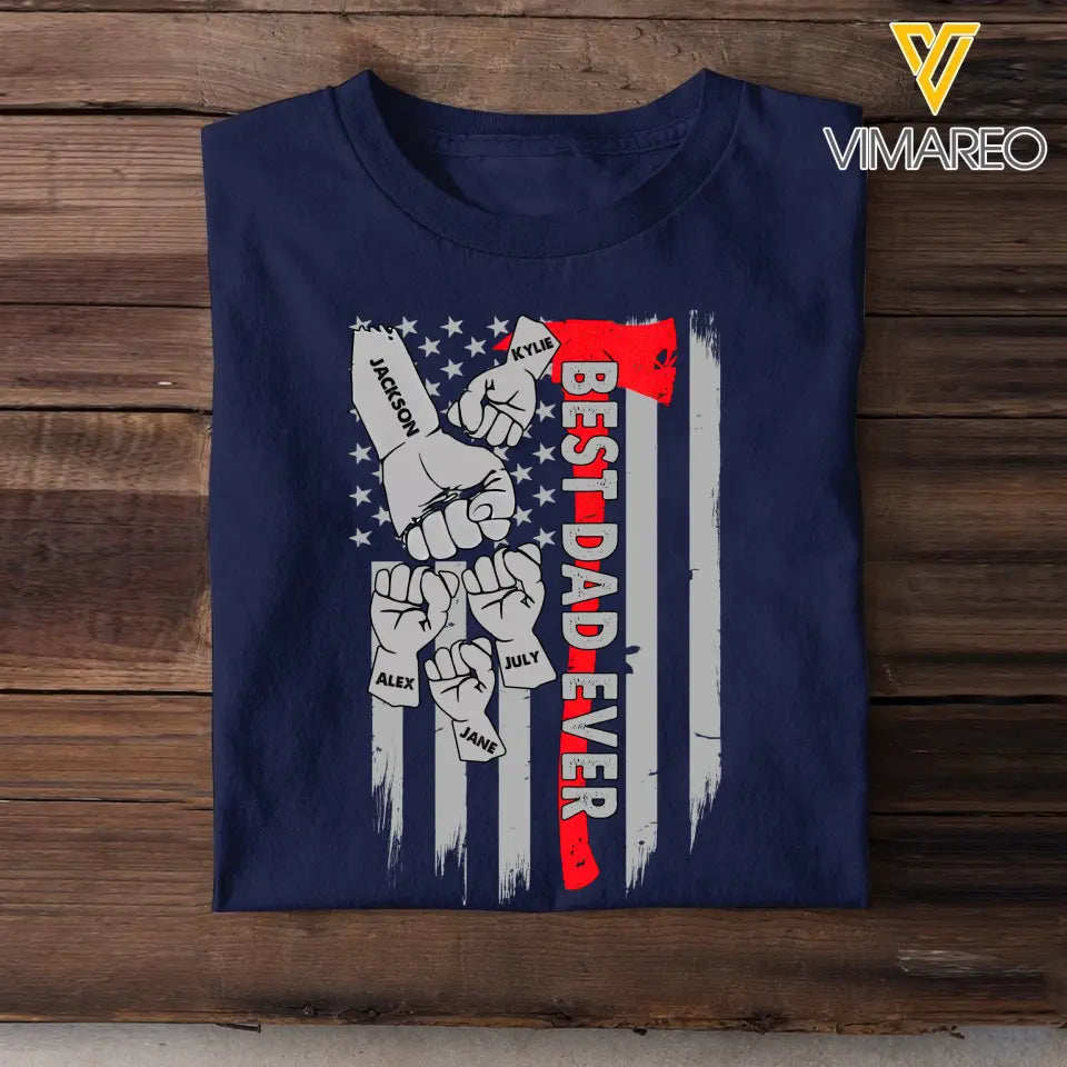 Personalized Best Dad Ever Hands & Kid Name US Flag T-shirt Printed QTKH241453