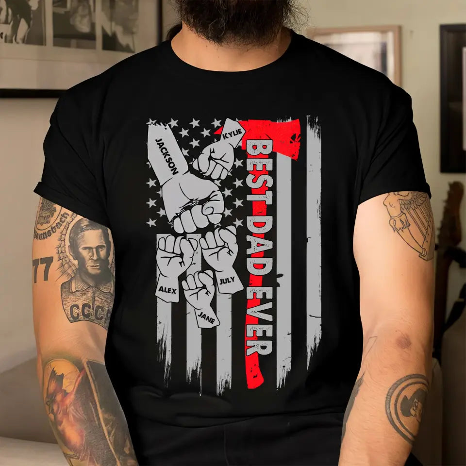 Personalized Best Dad Ever Hands & Kid Name US Flag T-shirt Printed QTKH241453