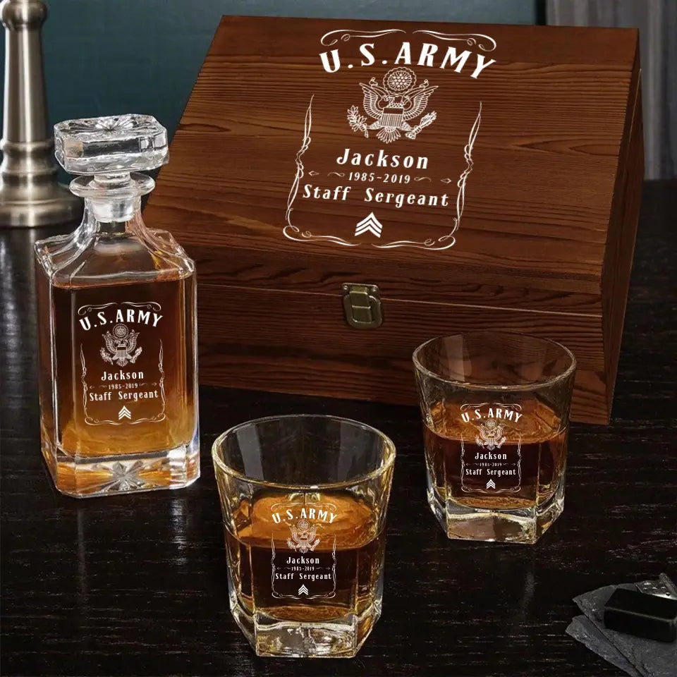 Personalized US Army Logo Custom Name & Time Decanter Set With Glasses Printed KVH241464