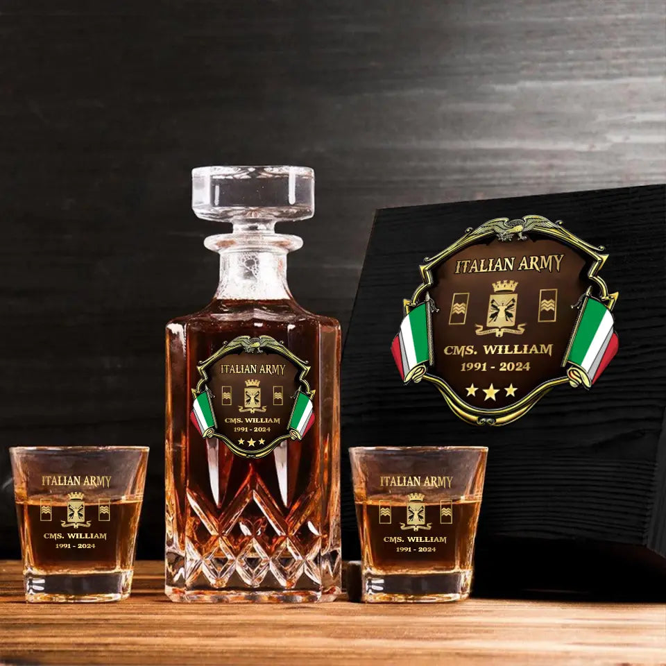 Personalized Italian Veteran Army Logo Rank Gold Custom Name & Time Decanter Set With Glasses Printed AHVA241480