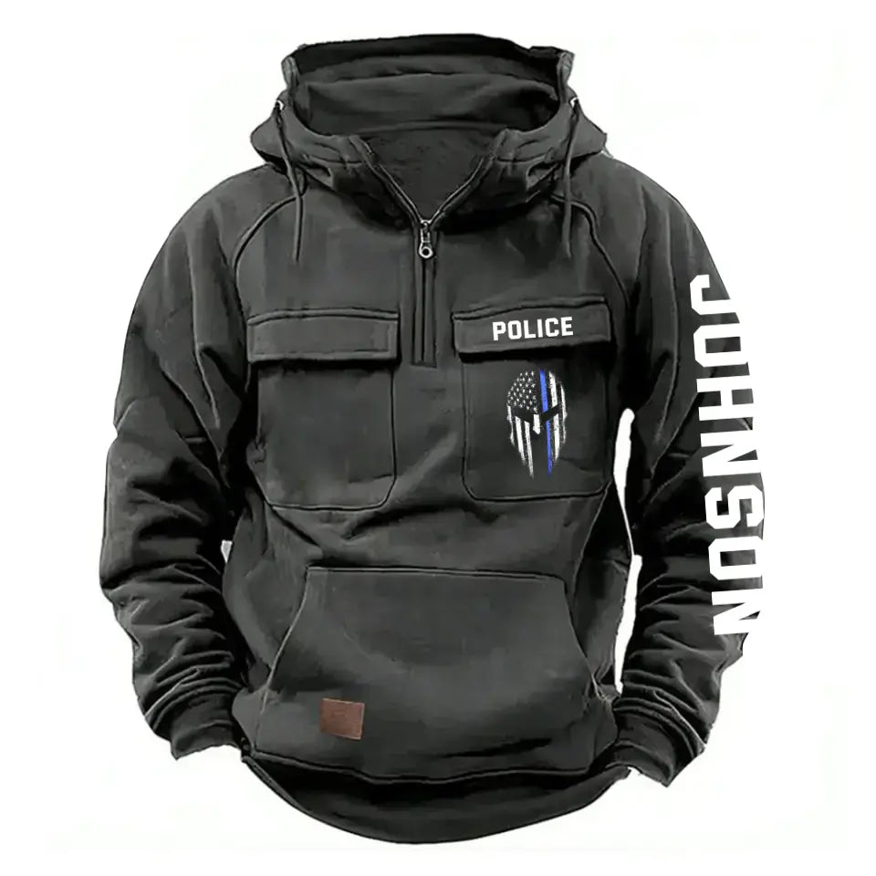 Personalized Blue Line Punisher Skull US Police Custom Name American Retro Hooded Sweatshirt Printed QTKH241477