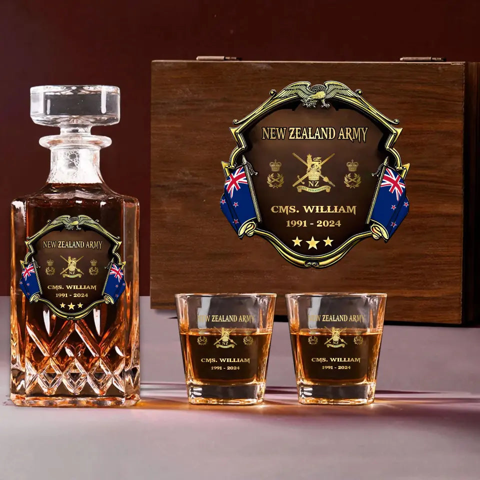 Personalized New Zealand Army Logo Rank Gold Custom Name & Time Decanter Set With Glasses Printed AHVA241480