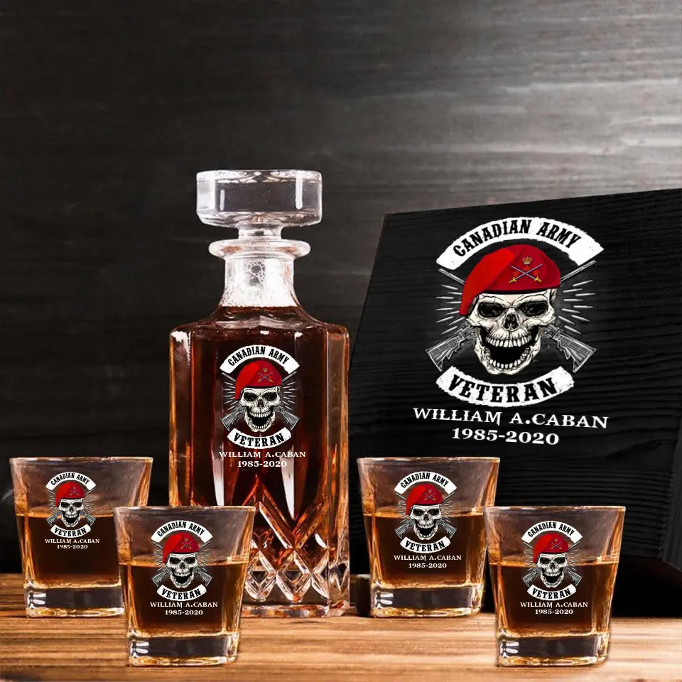 Personalized Canadian Veteran Skull Logo Custom Name & Time Decanter Set With Glasses Printed AHVA241491
