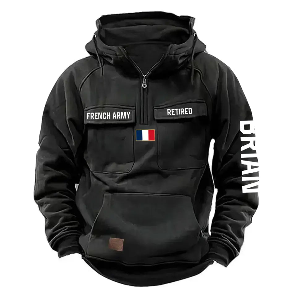 Personalized French Army Veteran Custom Name France Flag American Retro Hooded Sweatshirt Printed QTVA241509