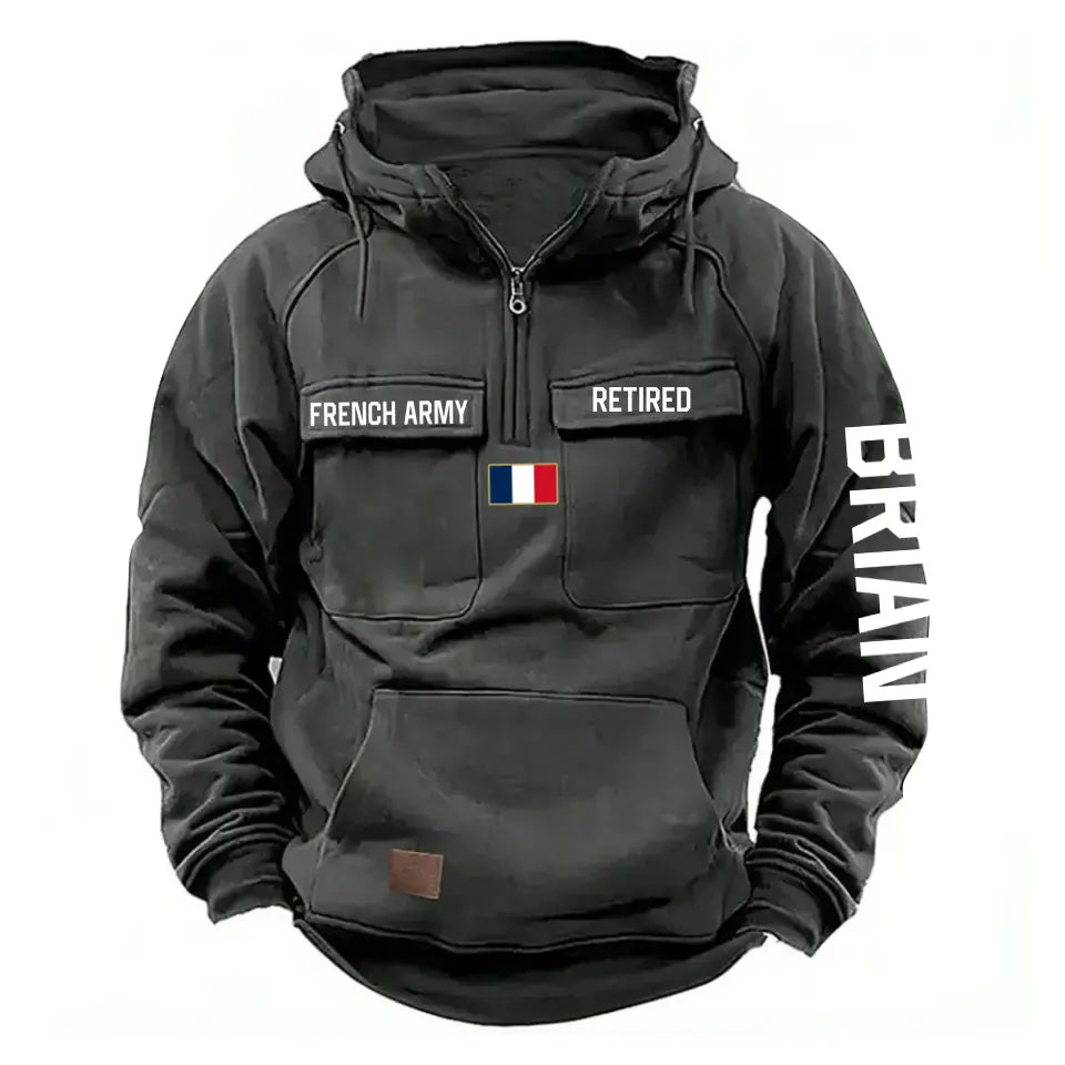 Personalized French Army Veteran Custom Name France Flag American Retro Hooded Sweatshirt Printed QTVA241509
