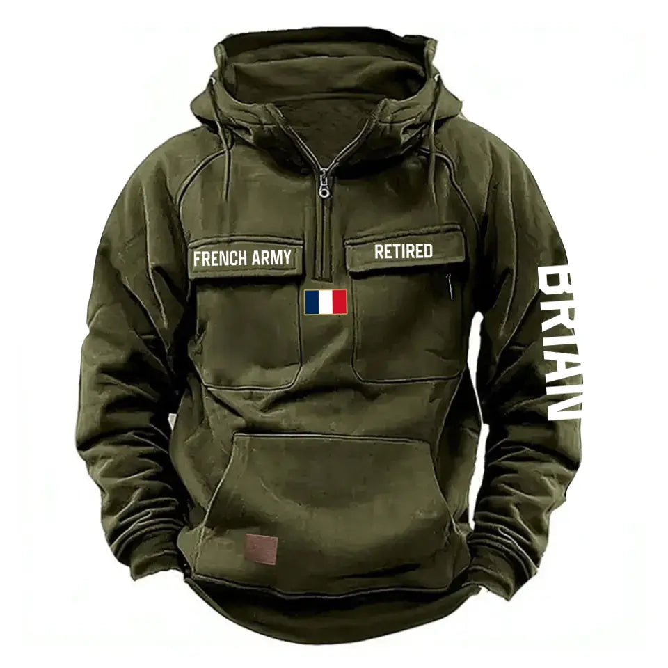 Personalized French Army Veteran Custom Name France Flag American Retro Hooded Sweatshirt Printed QTVA241509