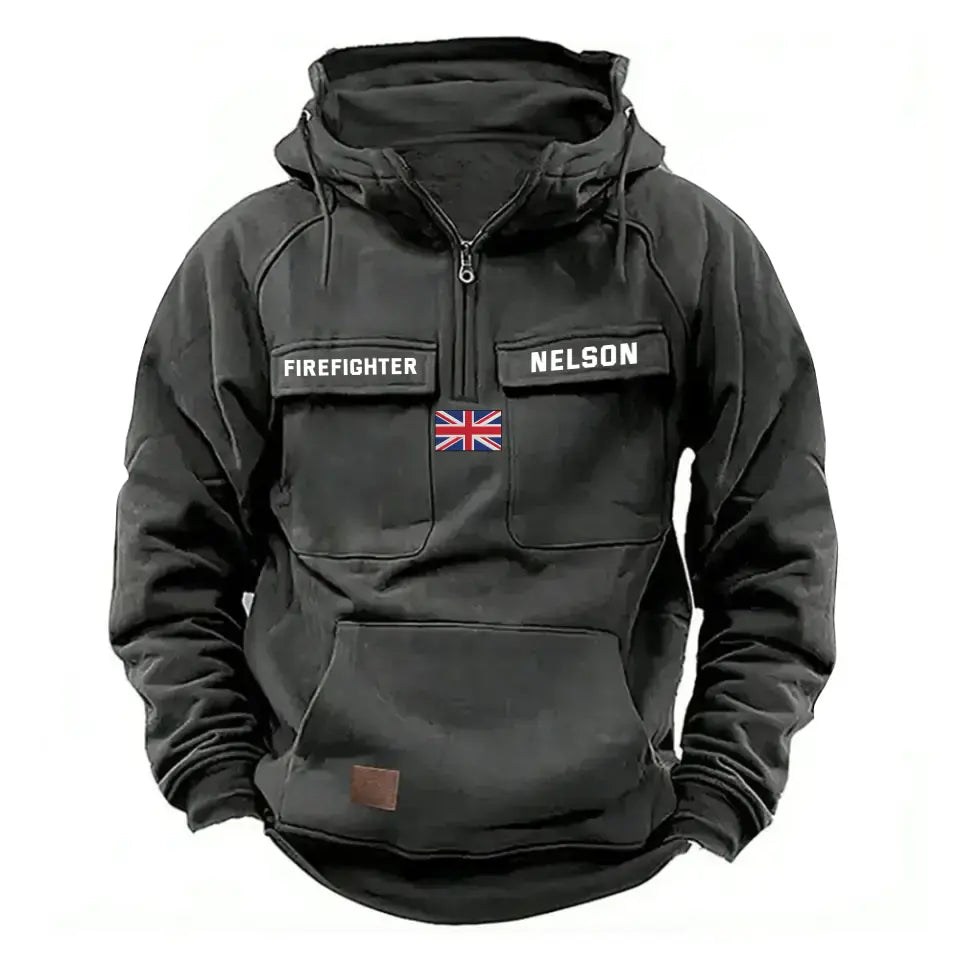 Personalized UK Flag UK Firefighter Custom Name American Retro Hooded Sweatshirt Printed QTKH241514