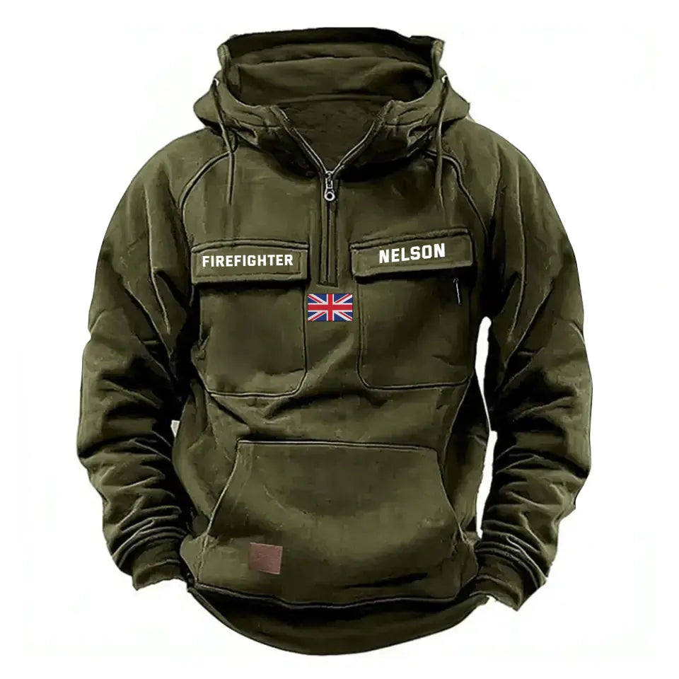 Personalized UK Flag UK Firefighter Custom Name American Retro Hooded Sweatshirt Printed QTKH241514