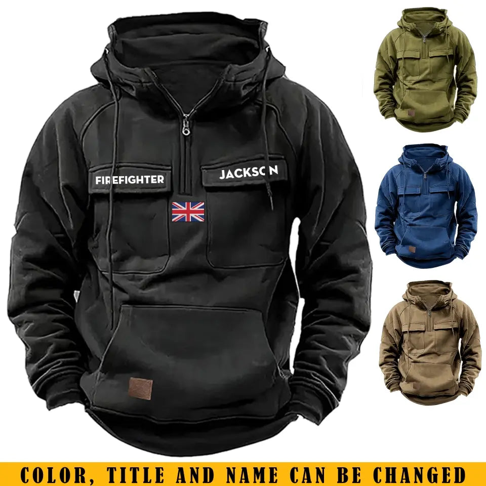 Personalized UK Flag UK Firefighter Custom Name American Retro Hooded Sweatshirt Printed QTKH241514