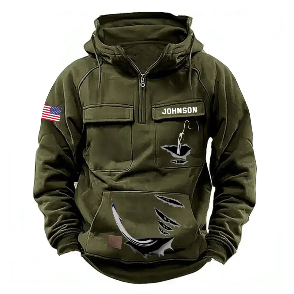 Personalized US Flag Fishing Custom Name American Retro Hooded Sweatshirt Printed HN241518