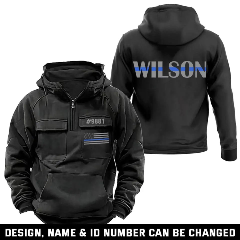 Personalized US Police ID Number & Name Blue Line American Retro Hooded Sweatshirt Printed VQ241520