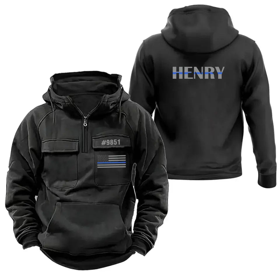 Personalized US Police ID Number & Name Blue Line American Retro Hooded Sweatshirt Printed VQ241520