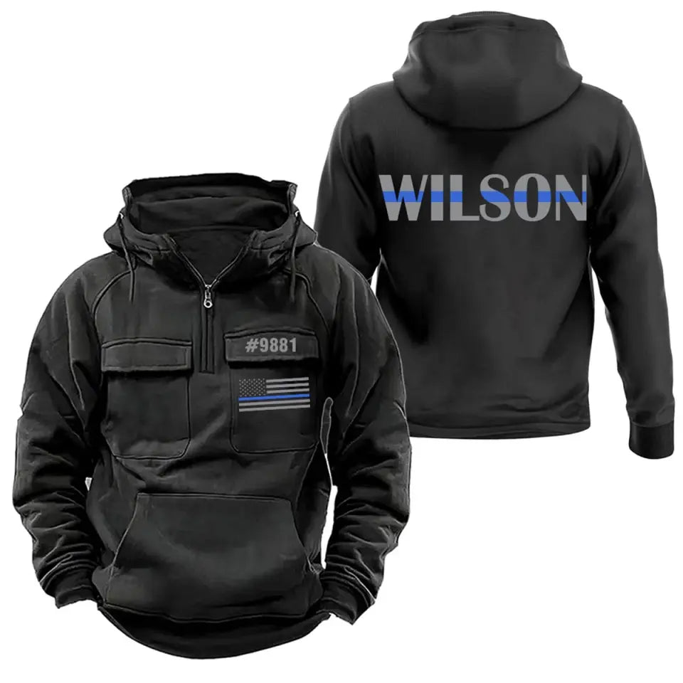 Personalized US Police ID Number & Name Blue Line American Retro Hooded Sweatshirt Printed VQ241520