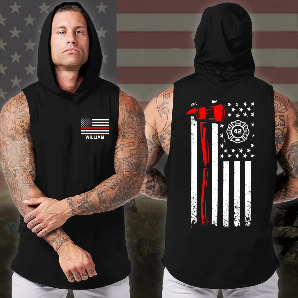 Personalized US Firefighter Flag Firefighter Logo Custom Name & ID Sleeveless Men's Hooded Sweatshirt Printed KVH241525