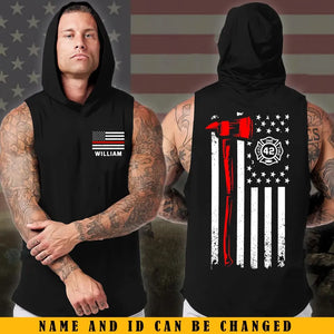 Personalized US Firefighter Flag Firefighter Logo Custom Name & ID Sleeveless Men's Hooded Sweatshirt Printed KVH241525