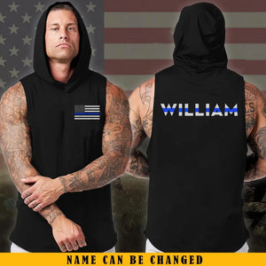 Personalized US Police Thin Blue Line Custom Name Sleeveless Men's Hooded Sweatshirt Printed KVH241530