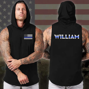 Personalized US Police Thin Blue Line Custom Name Sleeveless Men's Hooded Sweatshirt Printed KVH241530