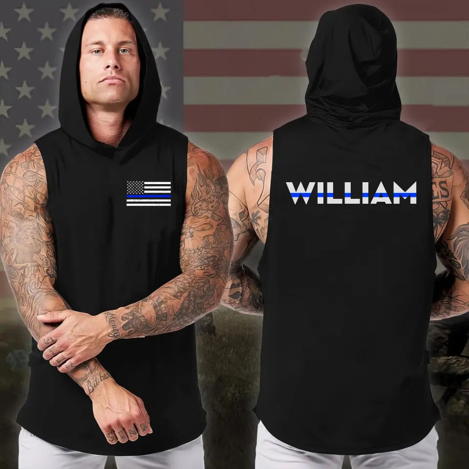 Personalized US Police Thin Blue Line Custom Name Sleeveless Men's Hooded Sweatshirt Printed KVH241530