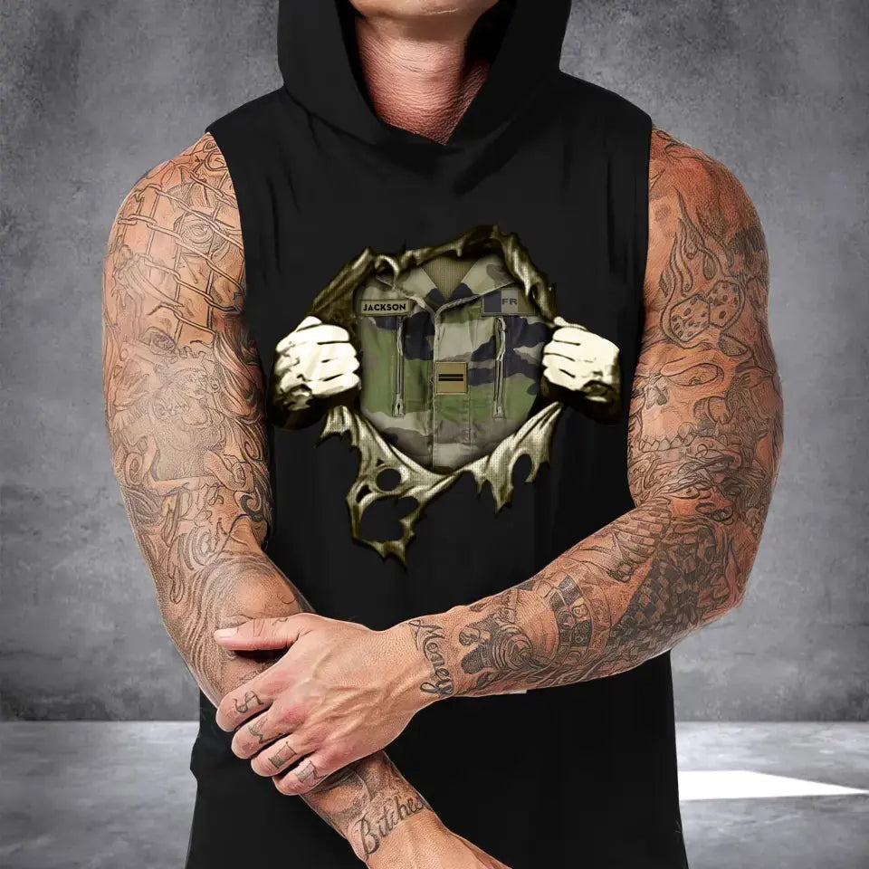 Personalized French Veteran Rank Camo Custom Name Sleeveless Men's Hooded Sweatshirt Printed KVH241532