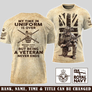 Personalized My Time In Uniform Is Over But Being A Veteran Never Ends UK Veteran T-shirt Printed AHVA241524