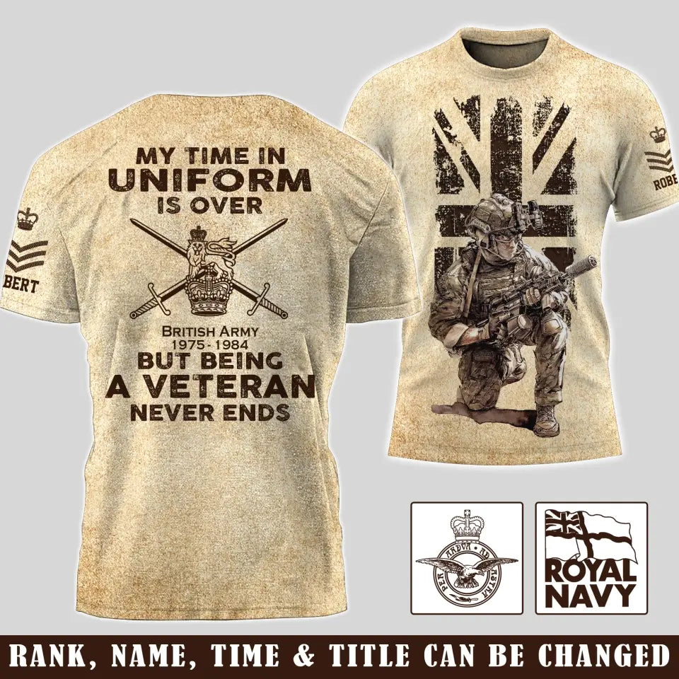 Personalized My Time In Uniform Is Over But Being A Veteran Never Ends UK Veteran T-shirt Printed AHVA241524