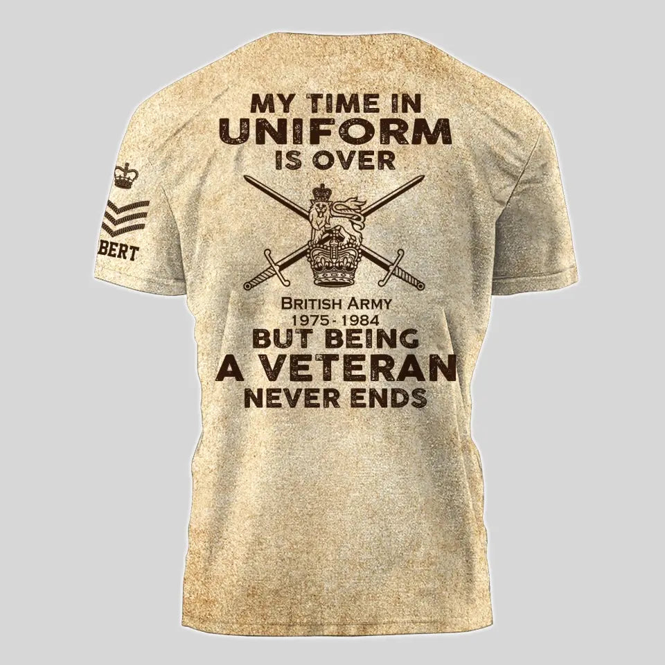 Personalized My Time In Uniform Is Over But Being A Veteran Never Ends UK Veteran T-shirt Printed AHVA241524