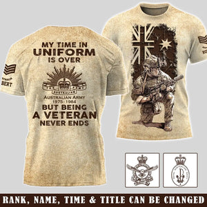 Personalized My Time In Uniform Is Over But Being A Veteran Never Ends Australian Veteran T-shirt Printed AHVA241524