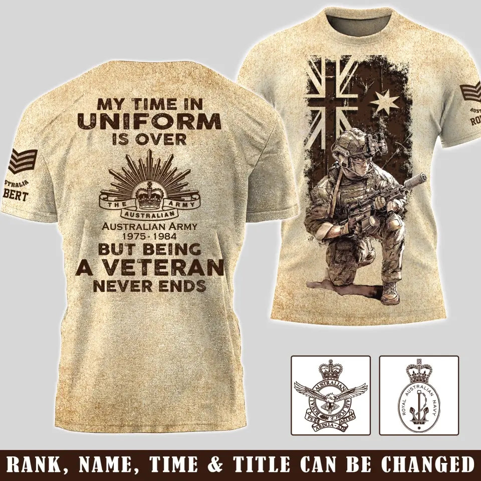 Personalized My Time In Uniform Is Over But Being A Veteran Never Ends Australian Veteran T-shirt Printed AHVA241524