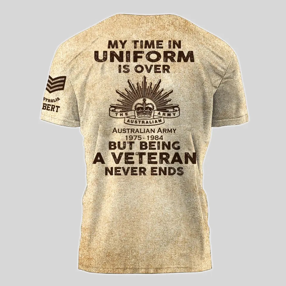 Personalized My Time In Uniform Is Over But Being A Veteran Never Ends Australian Veteran T-shirt Printed AHVA241524