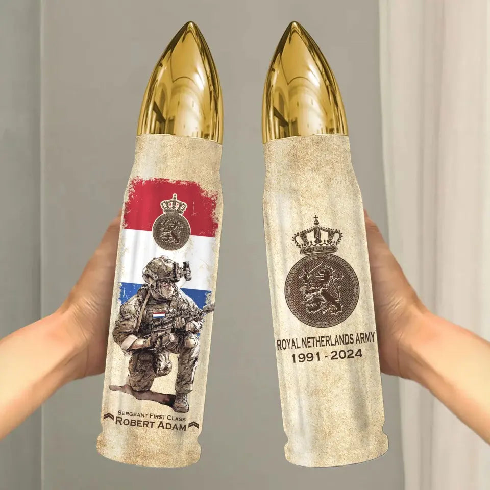 Personalized Netherlands Army Veteran Custom Rank & Name Bullet Tumbler Printed AHVA241537
