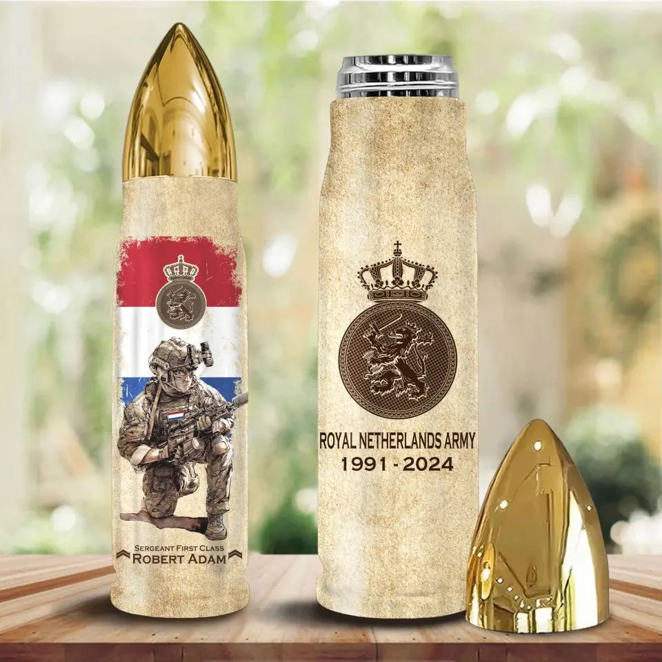 Personalized Netherlands Army Veteran Custom Rank & Name Bullet Tumbler Printed AHVA241537