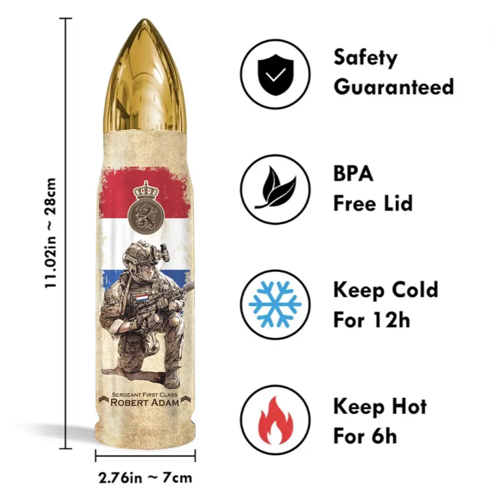 Personalized Netherlands Army Veteran Custom Rank & Name Bullet Tumbler Printed AHVA241537