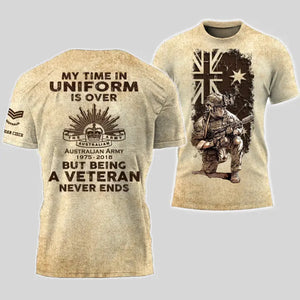 Personalized My Time In Uniform Is Over But Being A Veteran Never Ends Australian Veteran T-shirt Printed AHVA241524