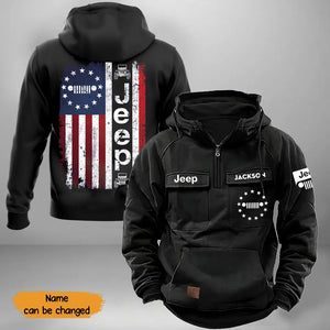 Personalized US Flag Jeep Car Custom Name American Retro Hooded Sweatshirt Printed KVH241552