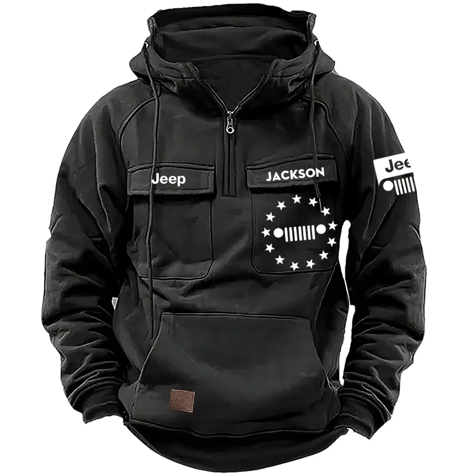 Personalized US Flag Jeep Car Custom Name American Retro Hooded Sweatshirt Printed KVH241552