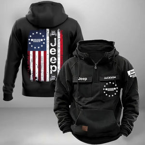 Personalized US Flag Jeep Car Custom Name American Retro Hooded Sweatshirt Printed KVH241552