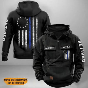 Personalized Retired US Police Blue Line Custom Name & Department American Retro Hooded Sweatshirt Printed KVH241566