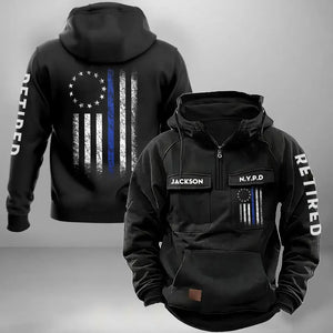 Personalized Retired US Police Blue Line Custom Name & Department American Retro Hooded Sweatshirt Printed KVH241566