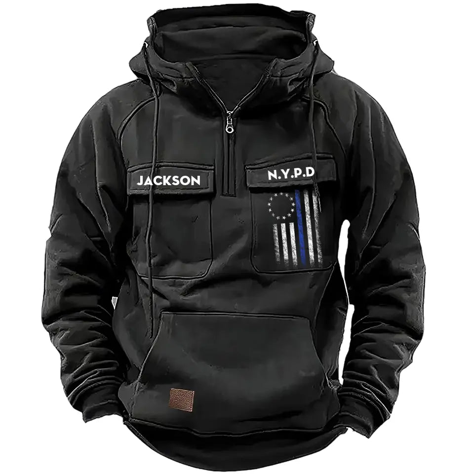 Personalized Retired US Police Blue Line Custom Name & Department American Retro Hooded Sweatshirt Printed KVH241566