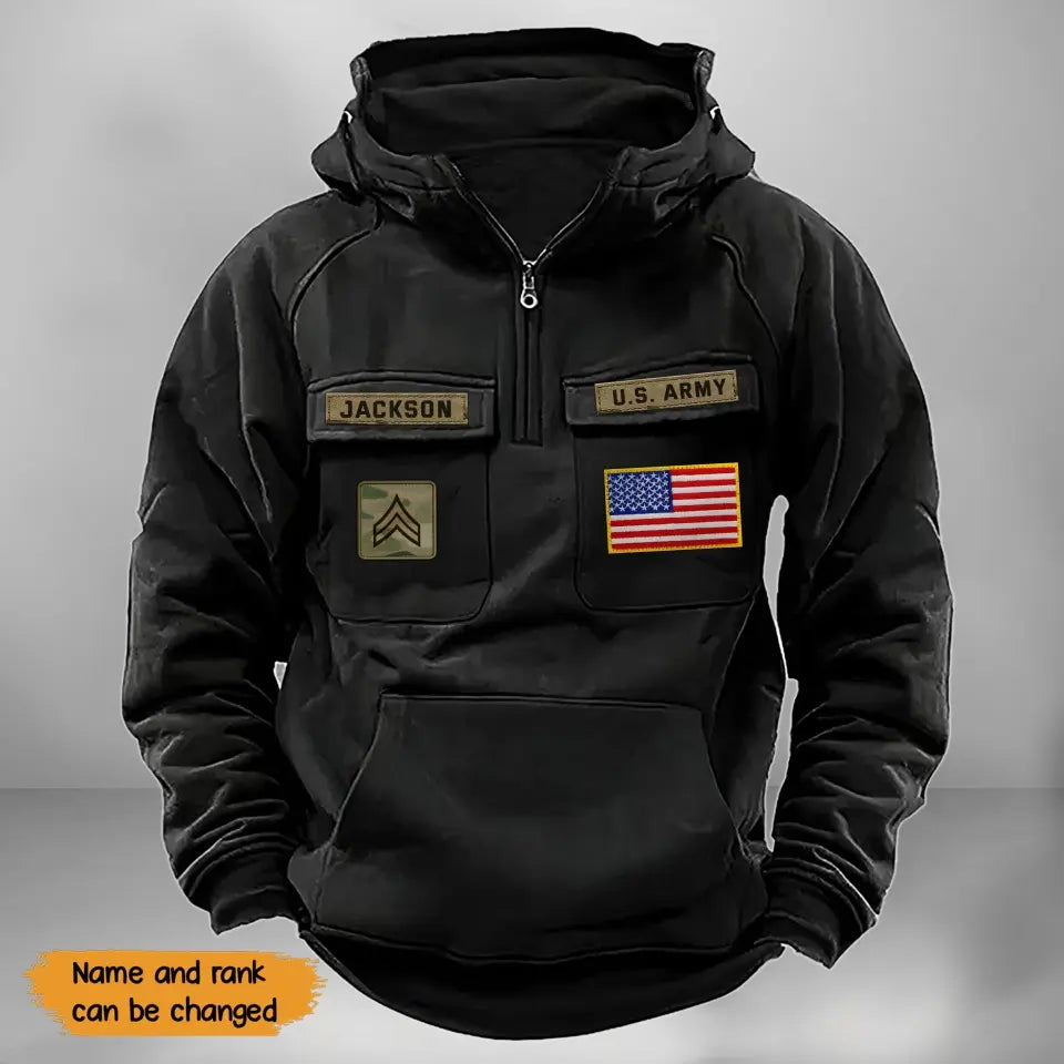 Personalized US Army Veteran Rank Camo & Name American Retro Hooded Sweatshirt Printed QTKH241581