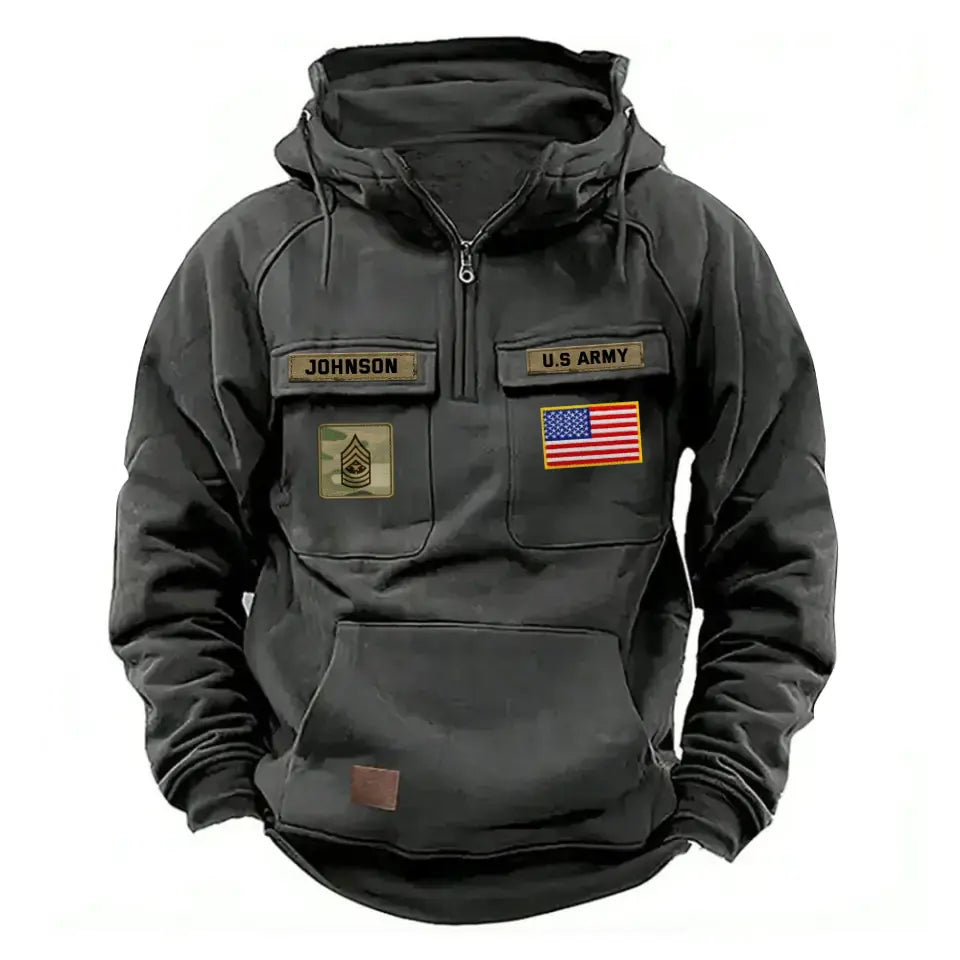 Personalized US Army Veteran Rank Camo & Name American Retro Hooded Sweatshirt Printed QTKH241581