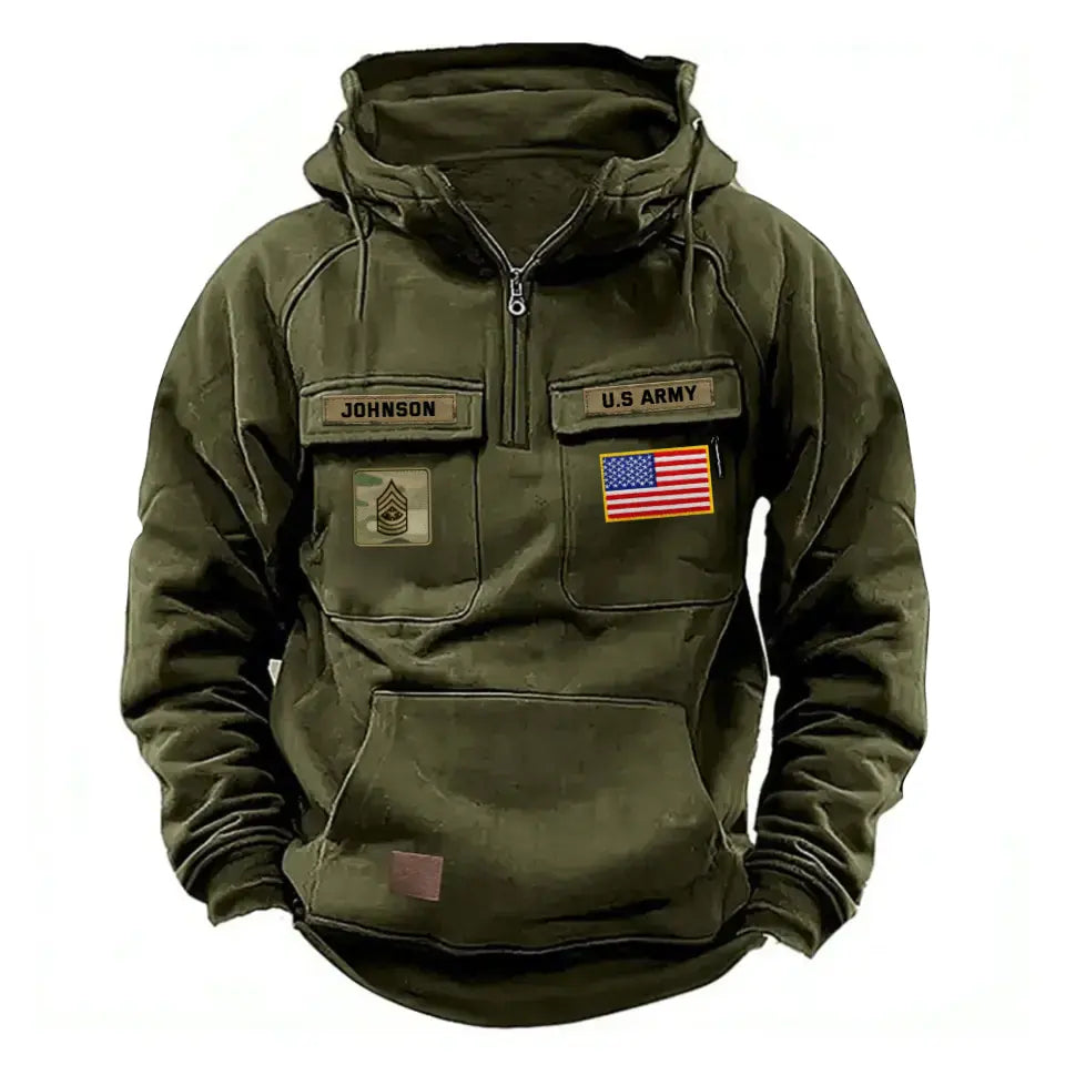 Personalized US Army Veteran Rank Camo & Name American Retro Hooded Sweatshirt Printed QTKH241581