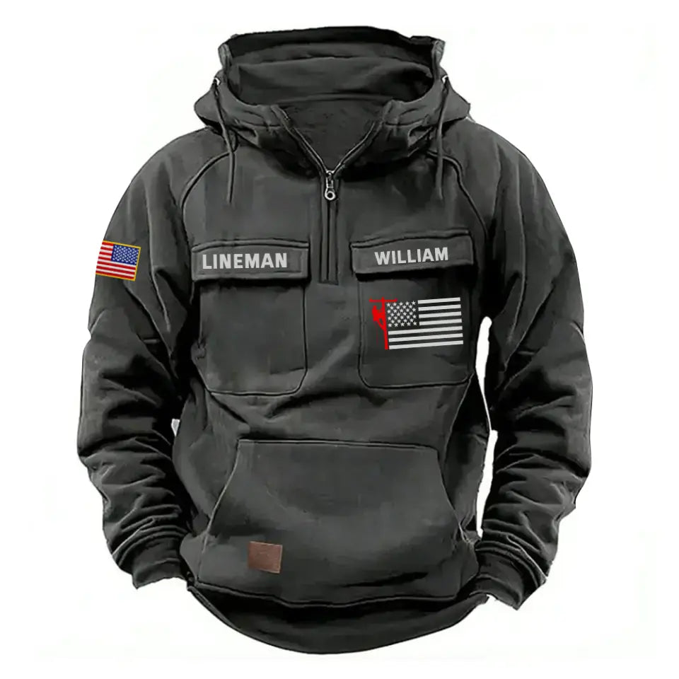 Personalized US Lineman Custom Name US Flag American Retro Hooded Sweatshirt Printed KVH241501